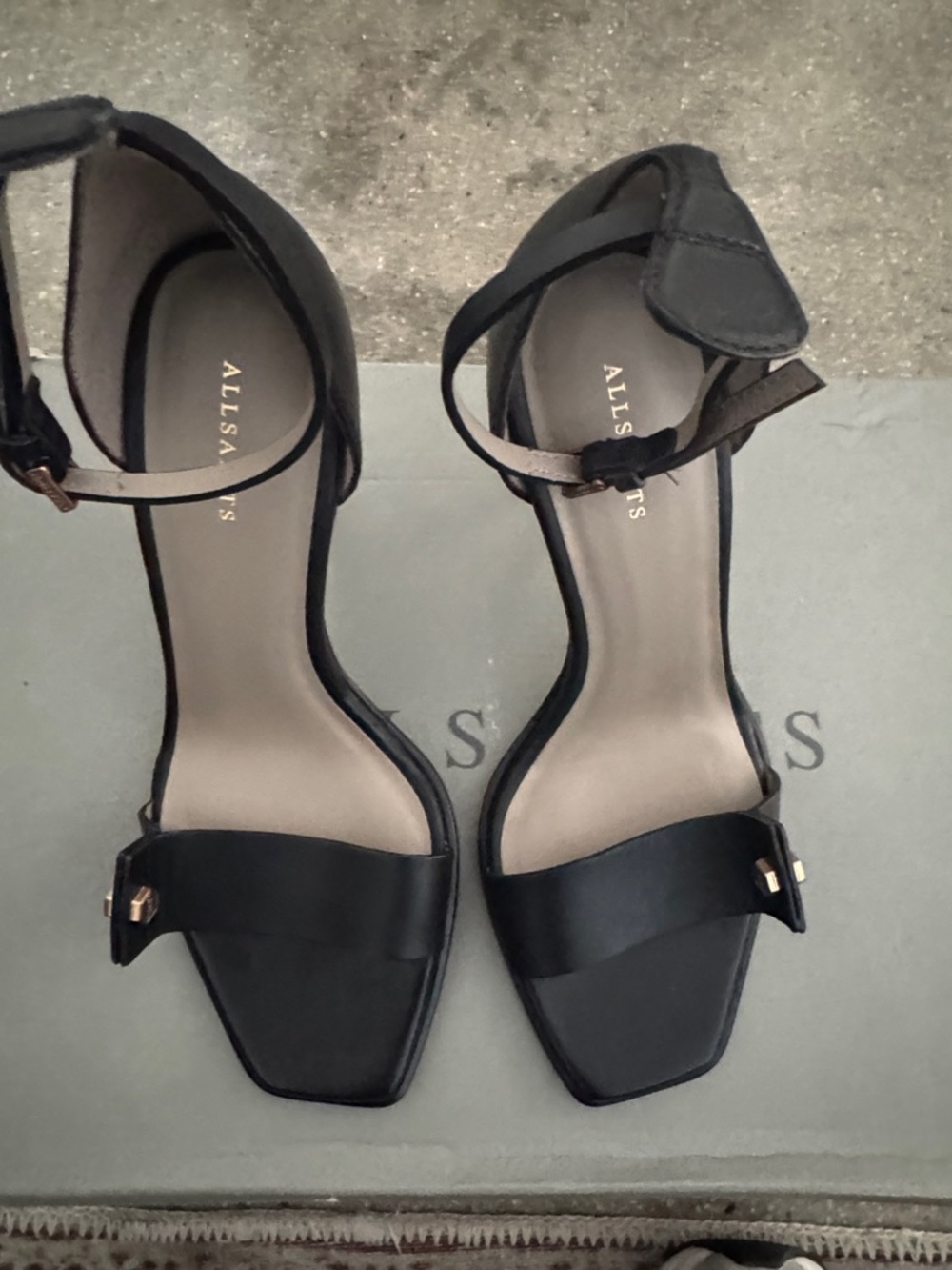 All Saints Black Leather Square-Toe Ankle Strap Heels